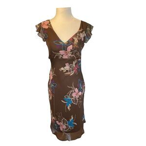 FLP Floral Print Midi Dress Crown Pink Blue Chiffon Ruffle Flutter Short Sleeve